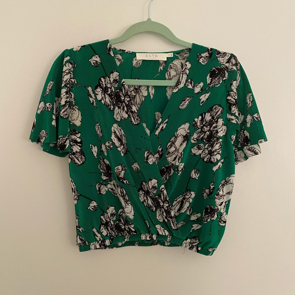Green floral top.